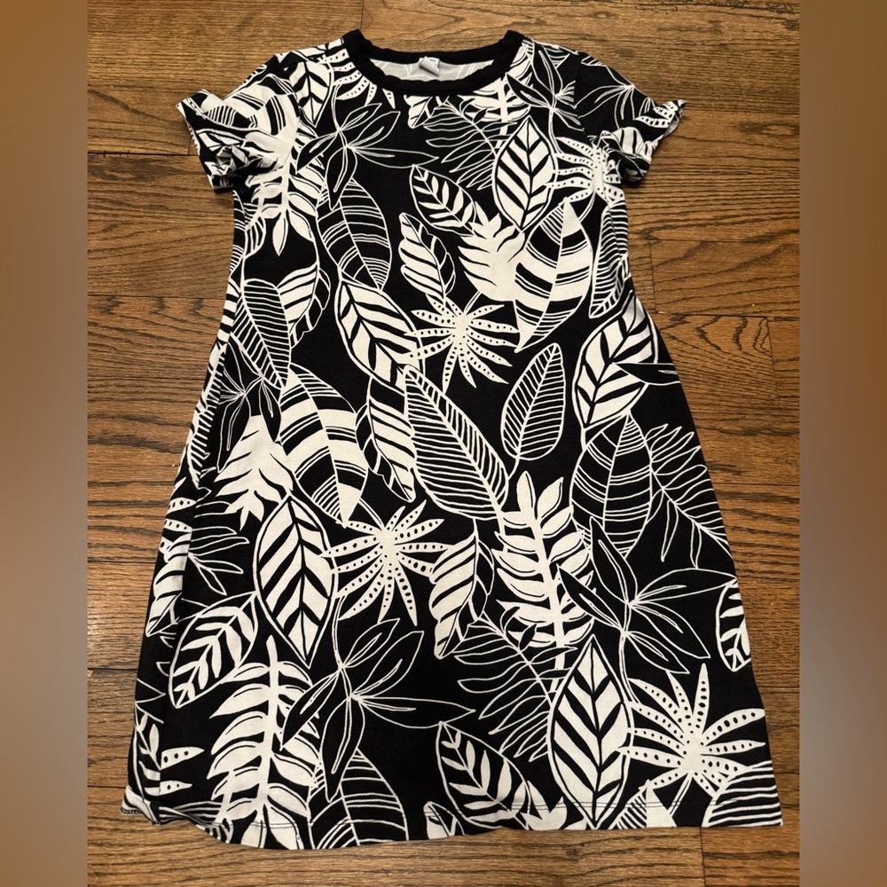 OLD NAVY Black & White Tropical Leaf Dress S Petite Short Sleeve A-Line
